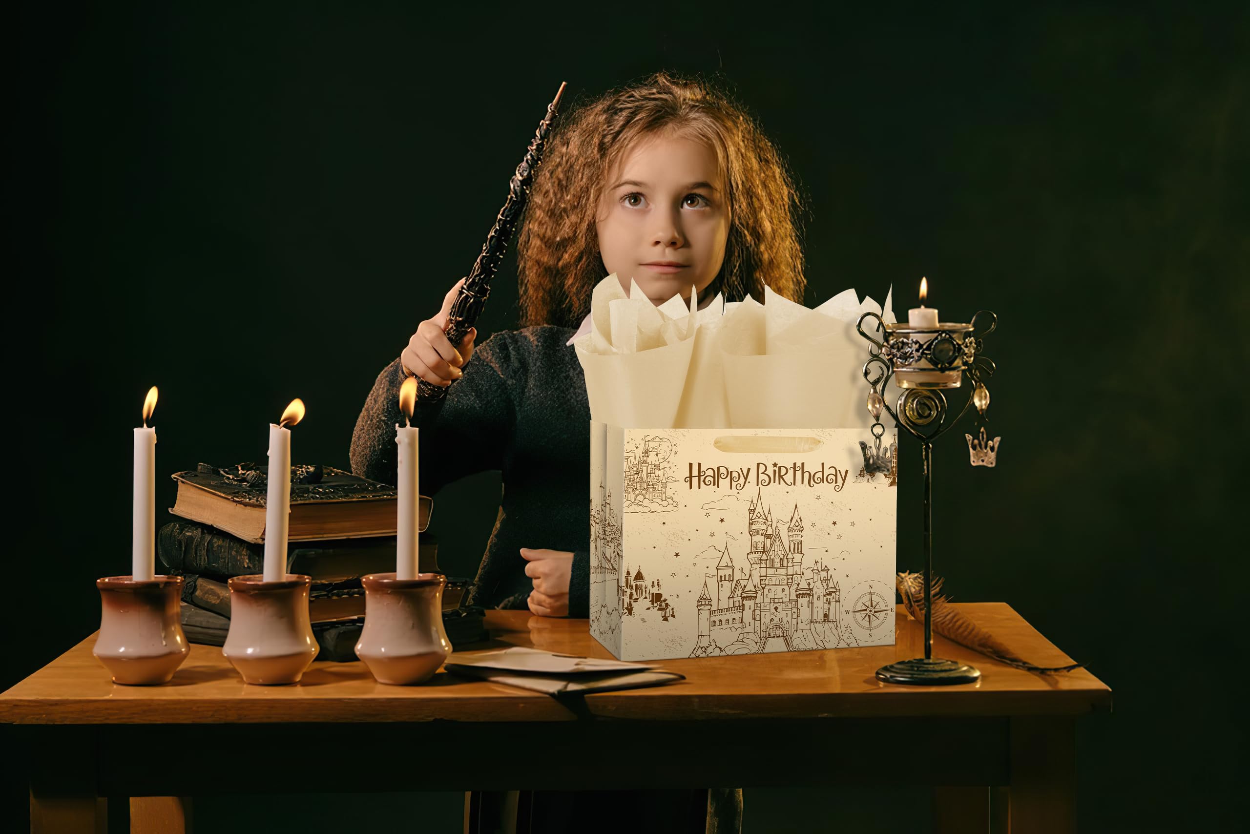 Ranfashiong 13" Brown Magic Wizard Gift Bag with Tissue Paper, Vintage Design Kraft Ancient Castle Princess Birthday Party Favor for Baby Shower, Girl, Boys Wrapping