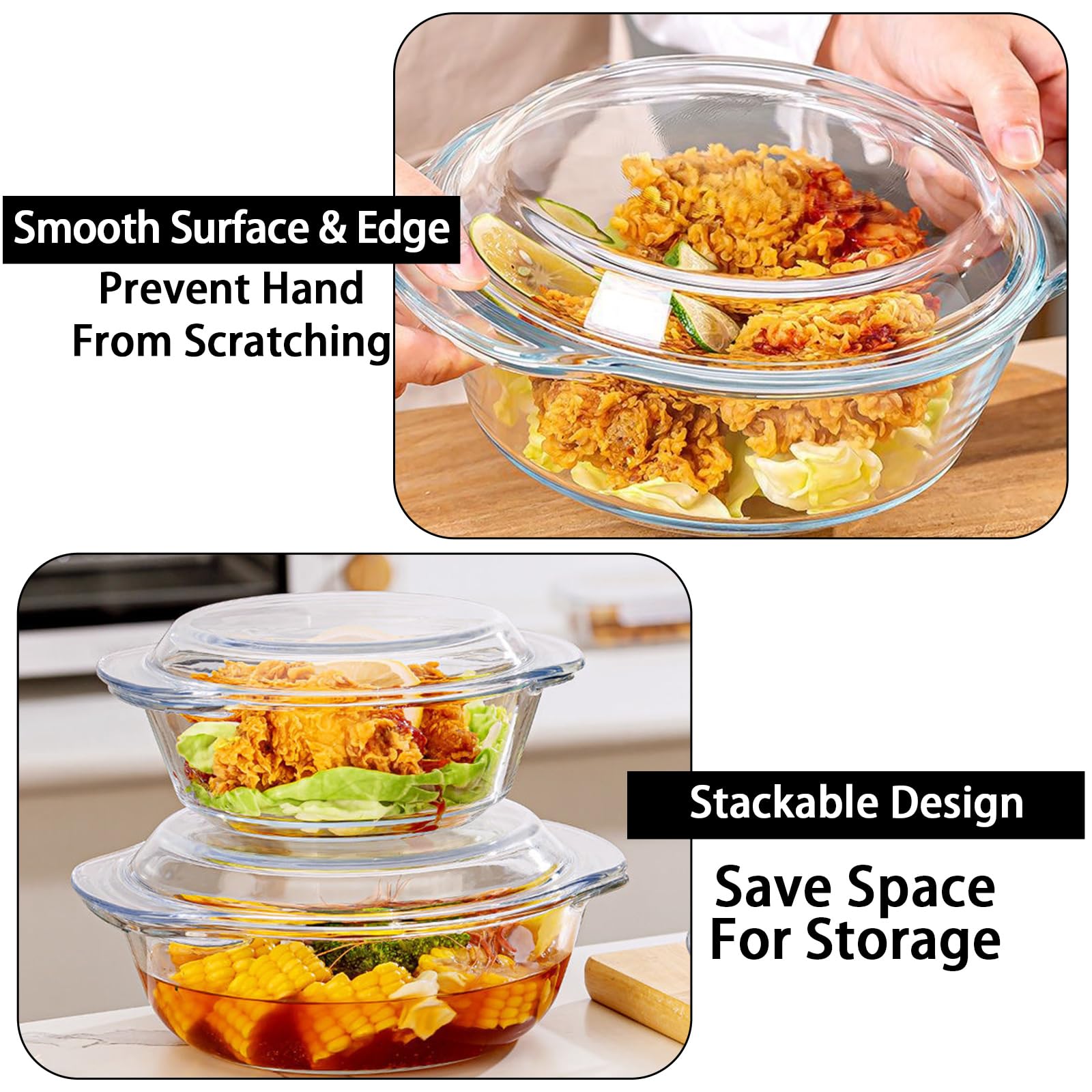 Lot de 2 petites cocottes rondes en verre de 0,7 l avec couvercle, 16 cm, plat de cuisson individuel en verre résistant au four pour aliments, pâtisserie, service