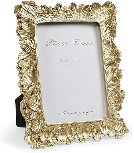 Cuspin Marco de fotos dorado de 5 x 7 pulgadas, hojas de palma doradas vintage, resina hecha a mano con parte delantera de vidrio, elegante marco de