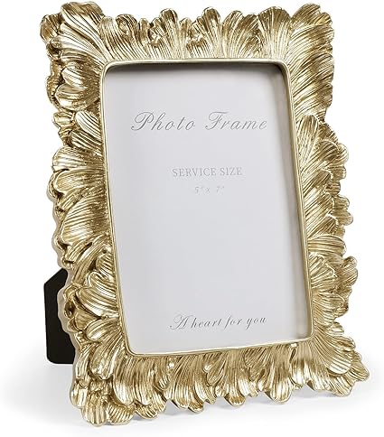Gold 5x7 Picture Frame, Vintage Gold Palm Leaves Textured Hand-Crafted Resin with Glass Front Elegant Retro Vintage Design Photo Frame for Wall and Tabletop Display Home Decor