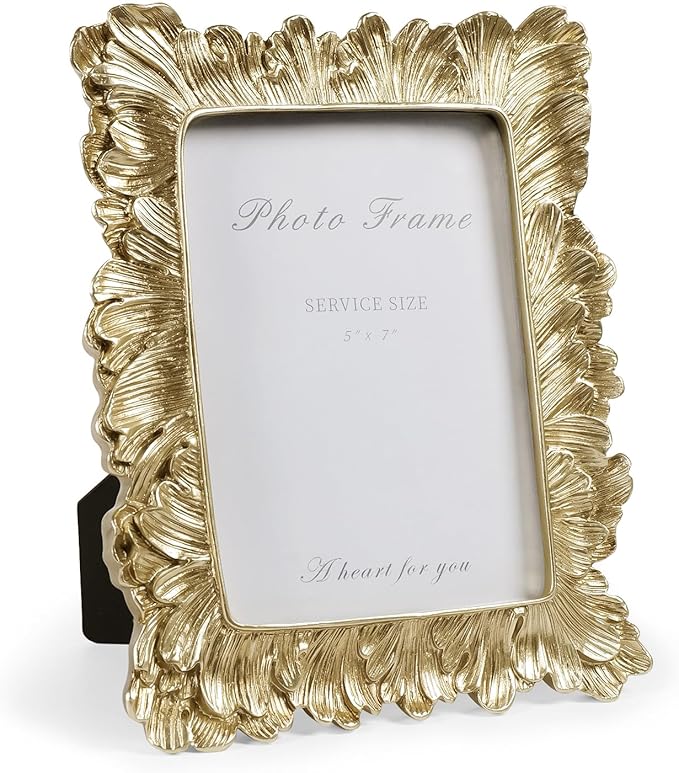 Gold 5x7 Picture Frame, Vintage Gold Palm Leaves Textured Hand-Crafted Resin with Glass Front Elegant Retro Vintage Design Photo Frame for Wall and Tabletop Display Home Decor