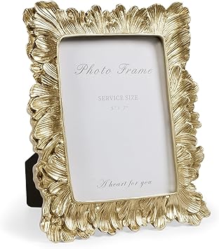 Gold 5x7 Picture Frame, Vintage Gold Palm Leaves Textured Hand-Crafted Resin with Glass Front Elegant Retro Vintage Design Photo Frame for Wall and Tabletop Display Home Decor
