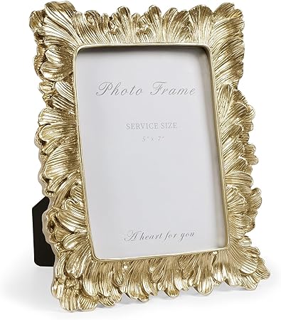 Gold 5x7 Picture Frame, Vintage Gold Palm Leaves Textured Hand-Crafted Resin with Glass Front Elegant Retro Vintage Design Photo Frame for Wall and Tabletop Display Home Decor
