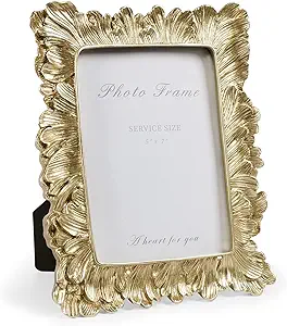 Gold 5x7 Picture Frame, Vintage Gold Palm Leaves Textured Hand-Crafted Resin with Glass Front Elegant Retro Vintage Design Photo Frame for Wall and Tabletop Display Home Decor