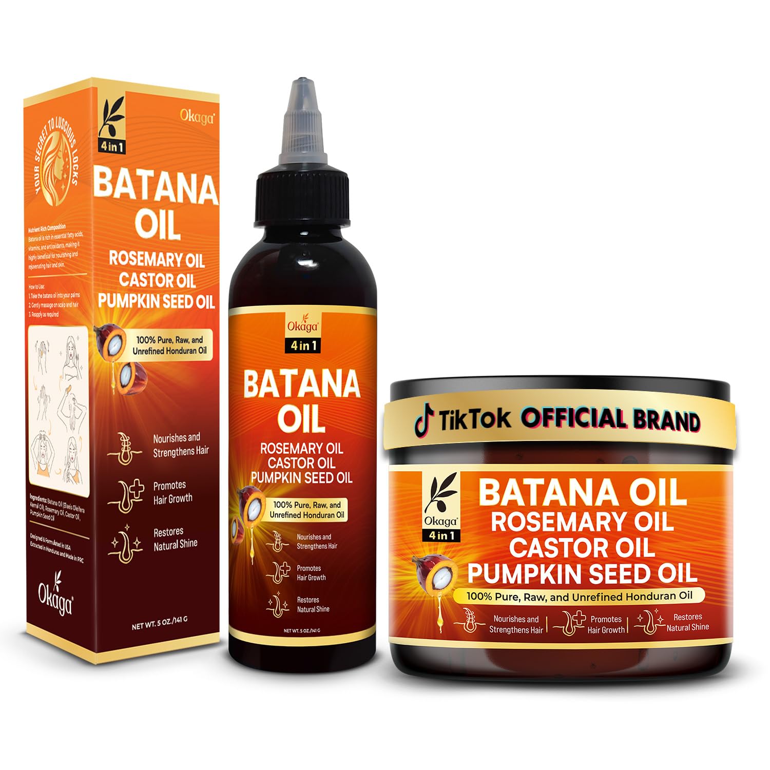 Batana Oil and Cream for Hair Growth Bundle, Rosemary, Castor, and Pumpkin Seed Oils, Pure & Unrefined, Nourishes, Revives Scalp & Strands, Softens, Smooths, Strengthens for All Hair Types