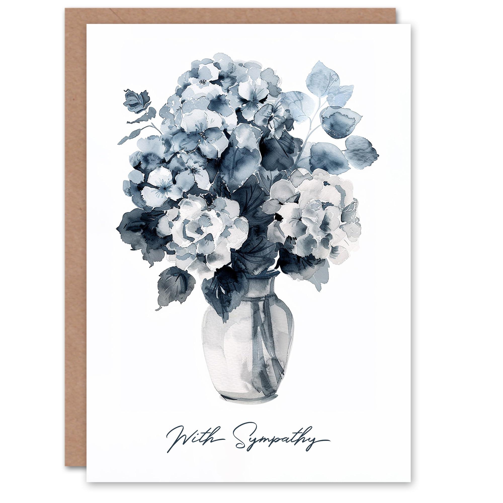 Artery8 - Greyscale Watercolour Flower Bouquet in Vase Sympathy Card - Blue