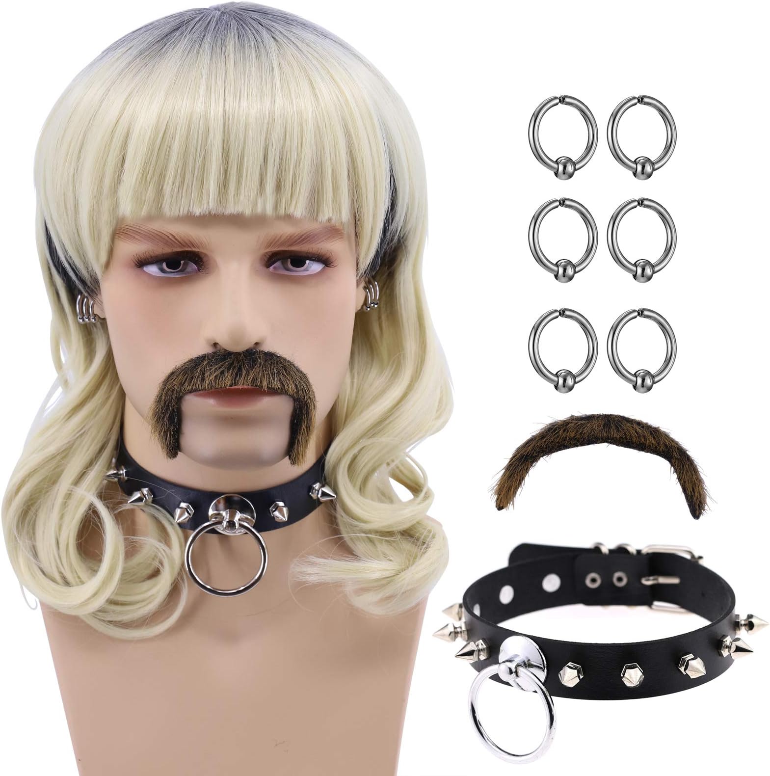 70s / 80s Men's Mullet Wig Costume Wig Rocker Style Wig + 6 Earrings + Black Choker + Mustache for Men