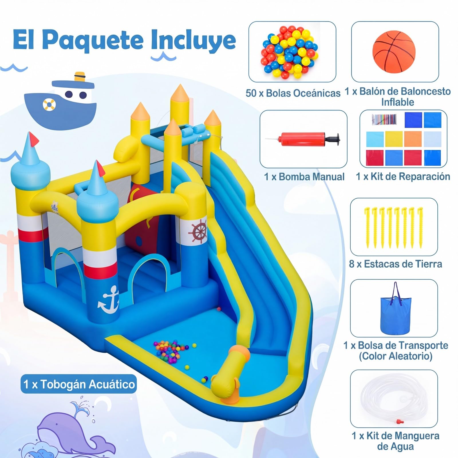 COSTWAY Castillo Hinchable con Tobogán, Castillo Inflable Infantil con Piscina de Chapoteo, Cañón de Agua, Rocódromo, Baloncesto Inflable y Bolsa de Transporte, 431 x 290 x 259 cm (Sin Soplador)