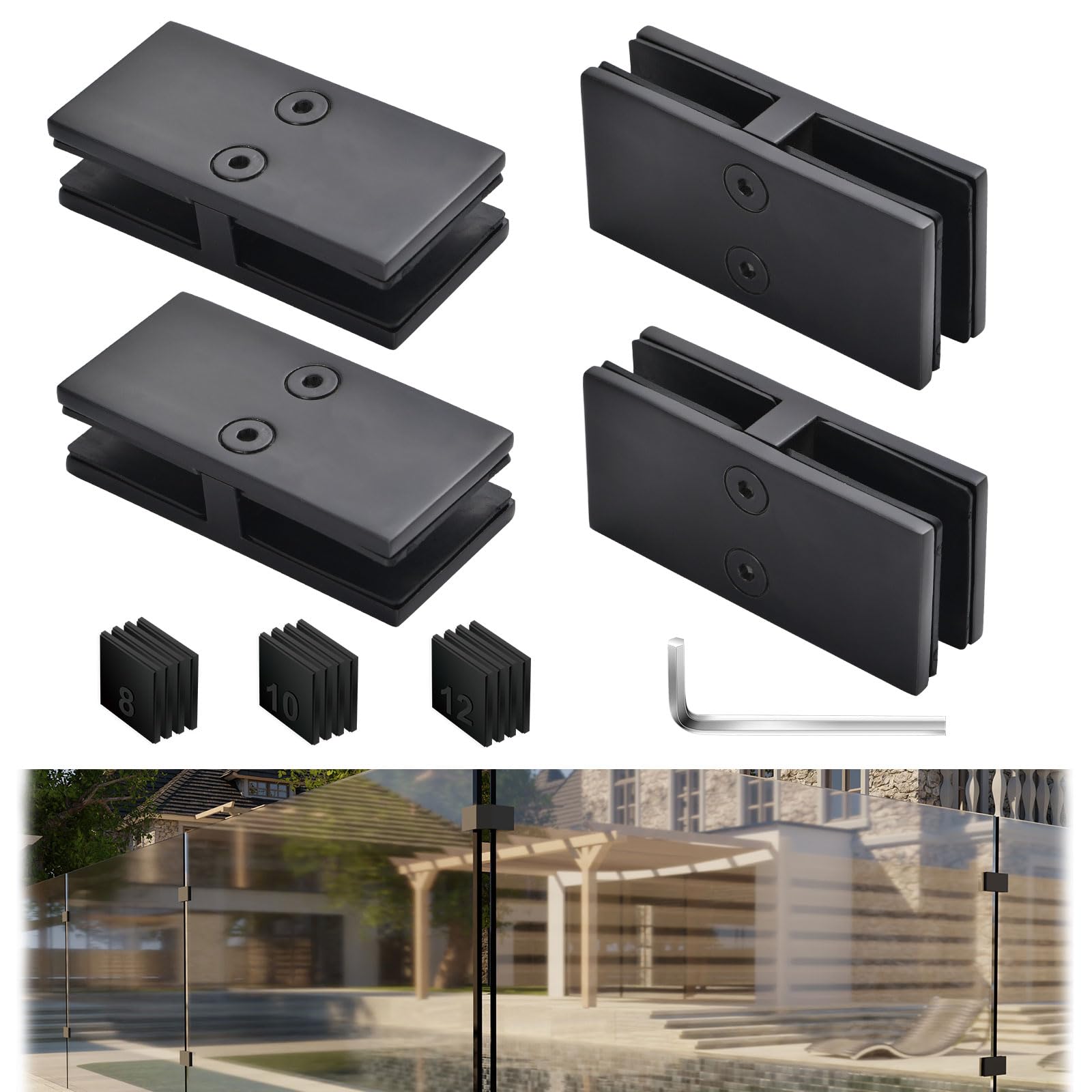 Railing Glass Clamps 4 Pack, Glass Balustrade Clamp for 5/16"- 3/8"-1/2"Thinkness, 304 Stainless Steel Double Sided Railing Clip Holder for Pool