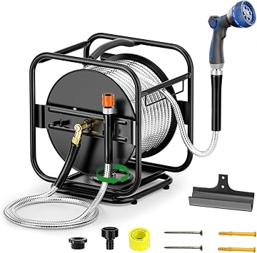 SPECILITE Metal Garden Hose Reel with 30m 304 Stainless Steel Hosepipe, Wall Mounted/Floor Standing Heavy Duty Hose Pipe Reel, 360 Rotation Frame, Ideal for Garden/Courtyard Cleaning and Watering