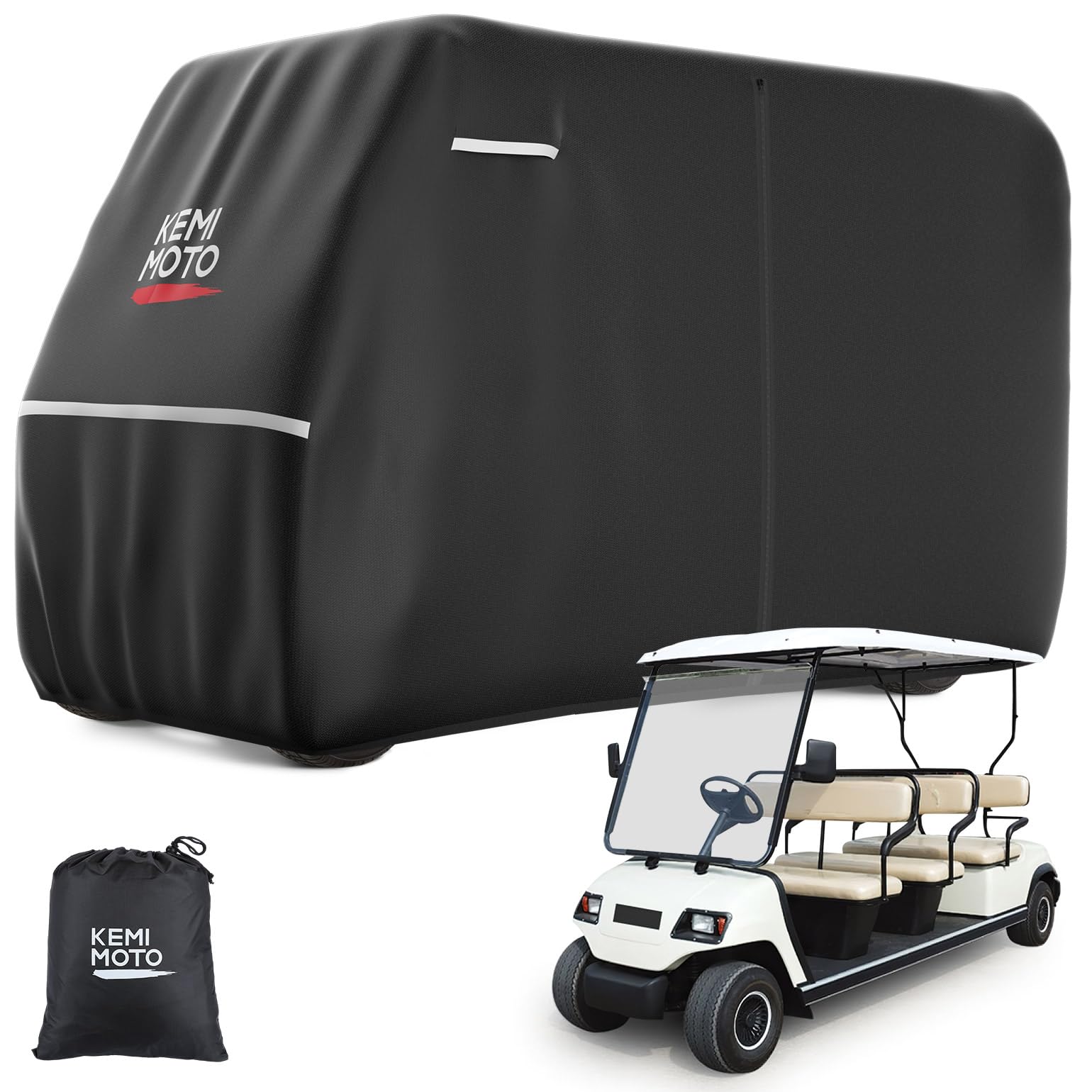 KEMIMOTO 600D Waterproof Golf Cart Cover, Universal Heavy Duty Large 6-Seater Golf Cart Rain Cover with Storage Bag Compatible with EZGO Club Car 6/4+2 Passenger, Black