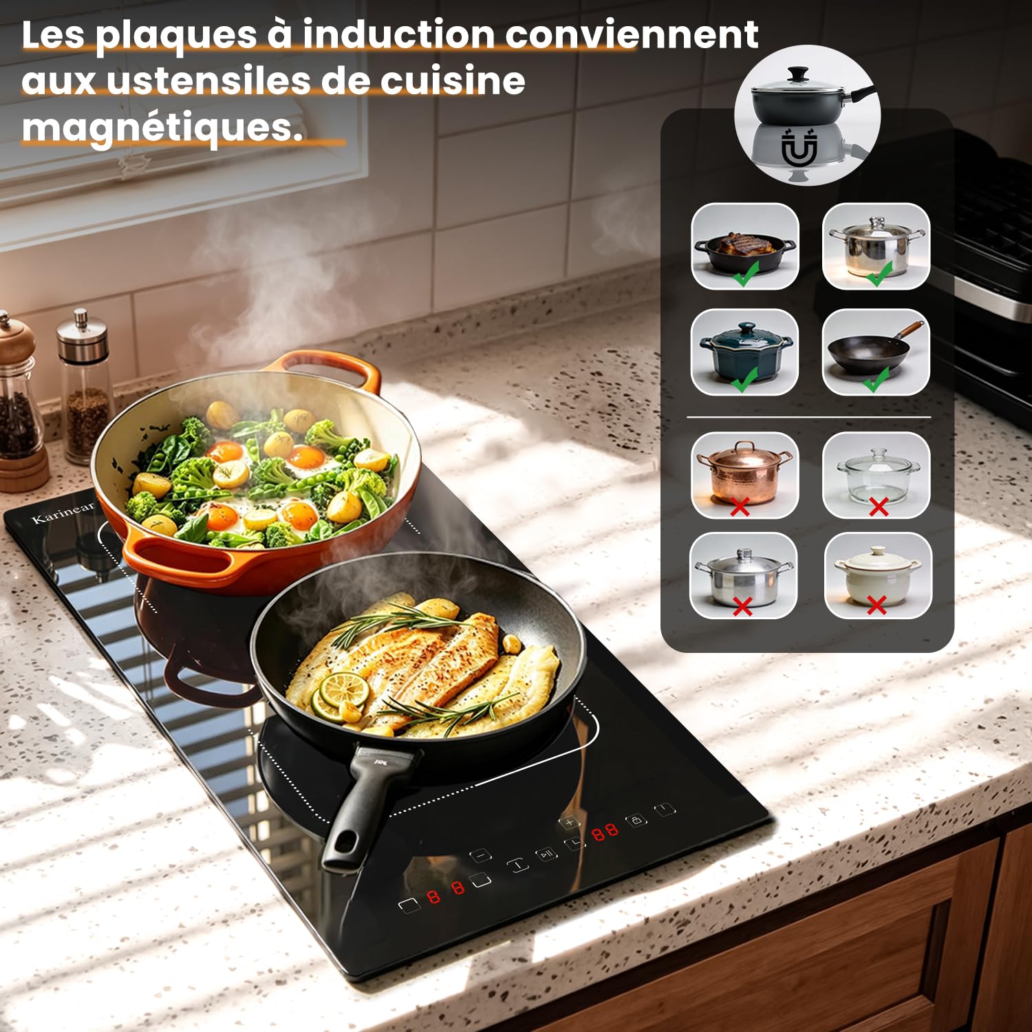 Karinear Plaque à Induction 2 Feux avec Prise, Table de Cuisson Induction Encastrable 30CM avec Zone Flexible, Commande Tactile, Minuteur, Fonction Pause, Verrouillage de Sécurité, 3500W, 220V