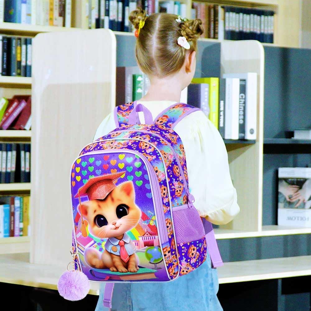 3PCS Girls Cat Backpack, 16" Kids Bookbag with Lunch Box, Kids Water Resistant Elementary Prechool Toddler Shool Bag - Purple Dr. Cat - Image 2