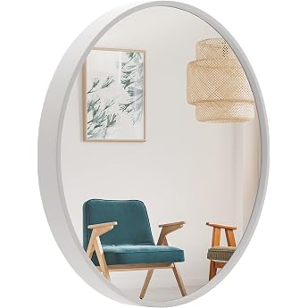 BD ART Round Wall Mirror 60 cm with White Elegant Wooden Frame