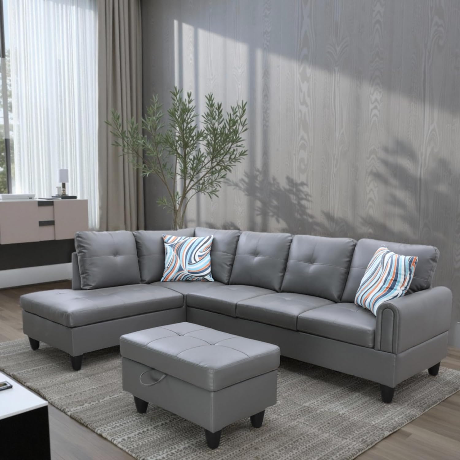 L Shaped Couch Sectional Couches with Chaise and Storage Ottoman, 3 Pieces Modular Convertible Sofa for Living Room Furniture Sets and Small Apartment Faux Leather, Dark Grey