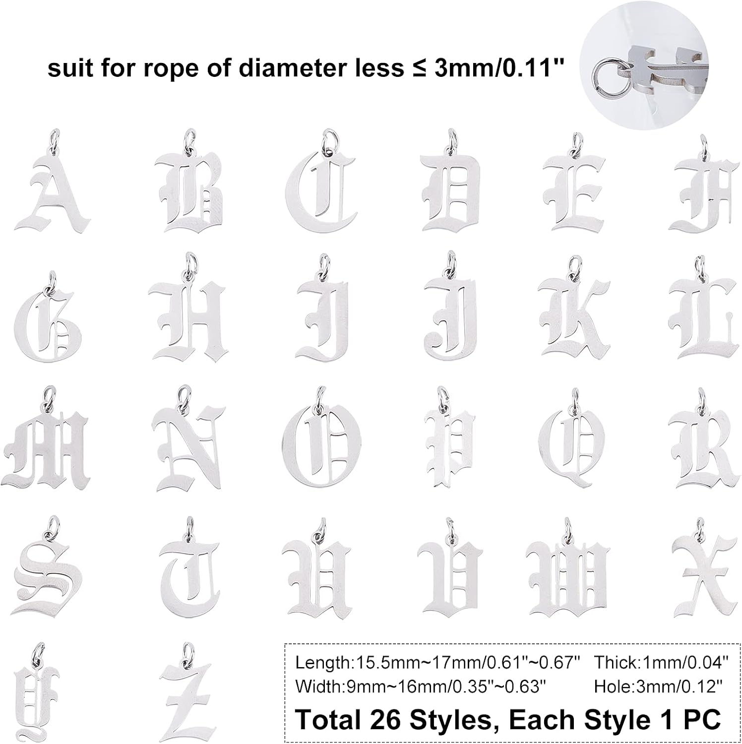 UNICRAFTALE 26pcs Metal Letter Pendants Old English Gothic Pendants Stainless Steel A-Z Letter Charms with Jump Ring for Bracelets, Necklaces and Earrings Craft Making, 3mm Hole