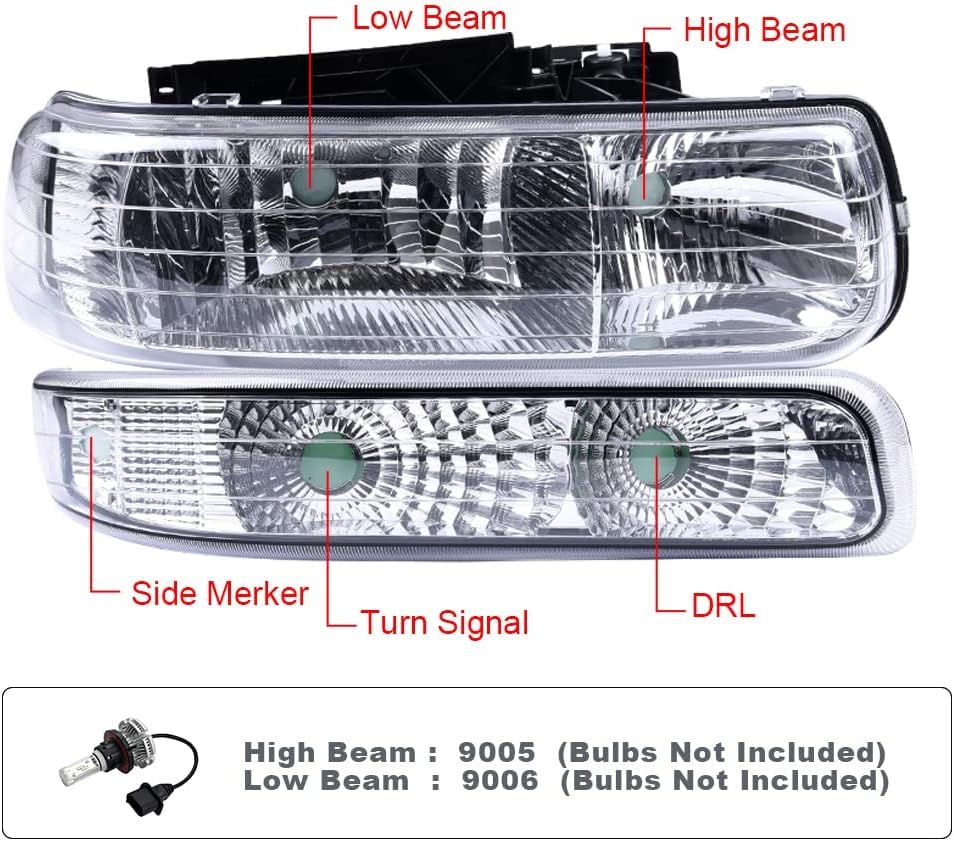 PIT66 Headlight Assembly Compatible with Chevy Silverado 1500 2500 99-02/Fit Silverado 1500HD 2500HD 3500 01-02/Fit Tahoe Suburban 1500 2500 00-06 Halogen Clear Lens Chrome Housing Clear Reflector