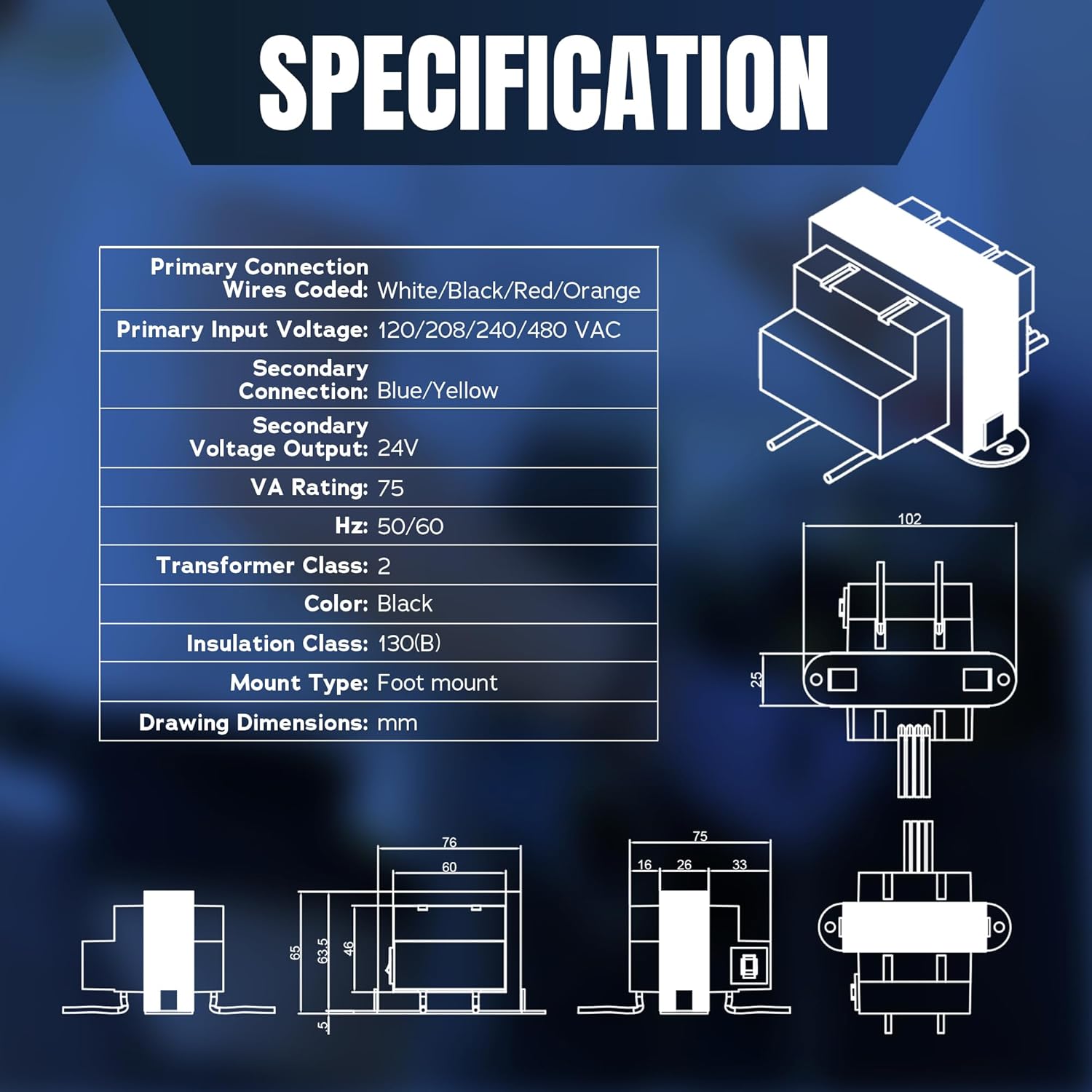 Cambridge 24V 75VA Control Transformer, 120V to 24V Multi-Tap HVAC Furnace Transformer with Foot Mount, 120V 50/60Hz