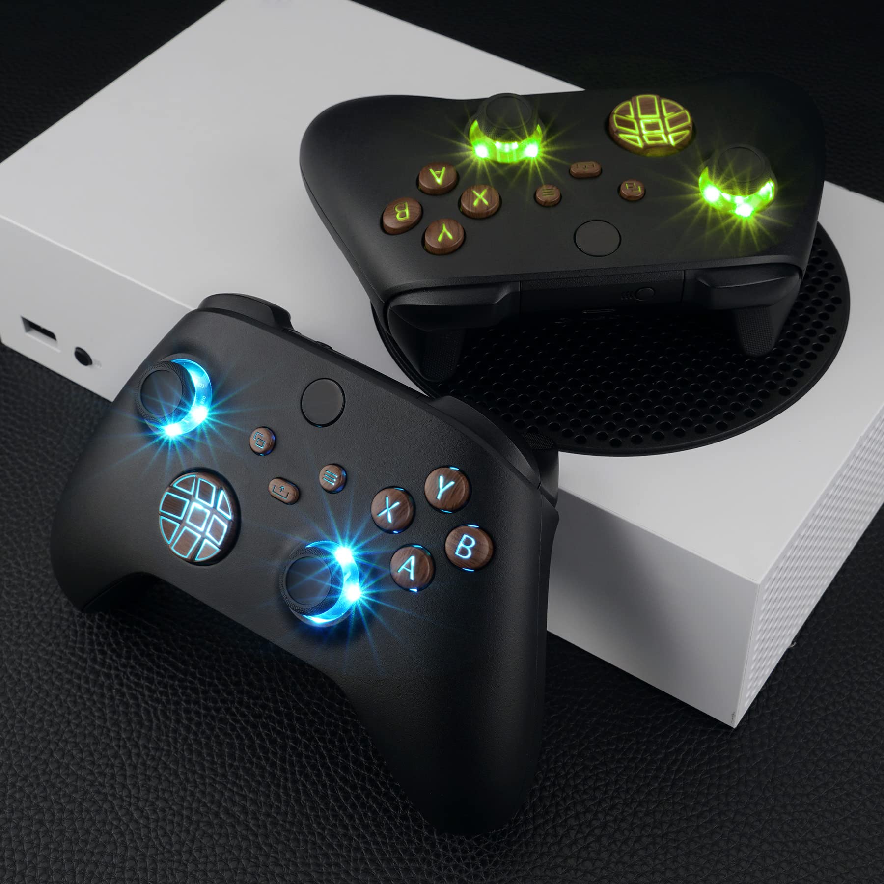 eXtremeRate LED Botones para Xbox Series X/S Control Multicolores Joysticks D-Pad ABXY Start Back Sync Botón Luminoso DTF LED Kit para Xbox Series X/S-No Incluye Control(Símbolo-Grano de Madera)