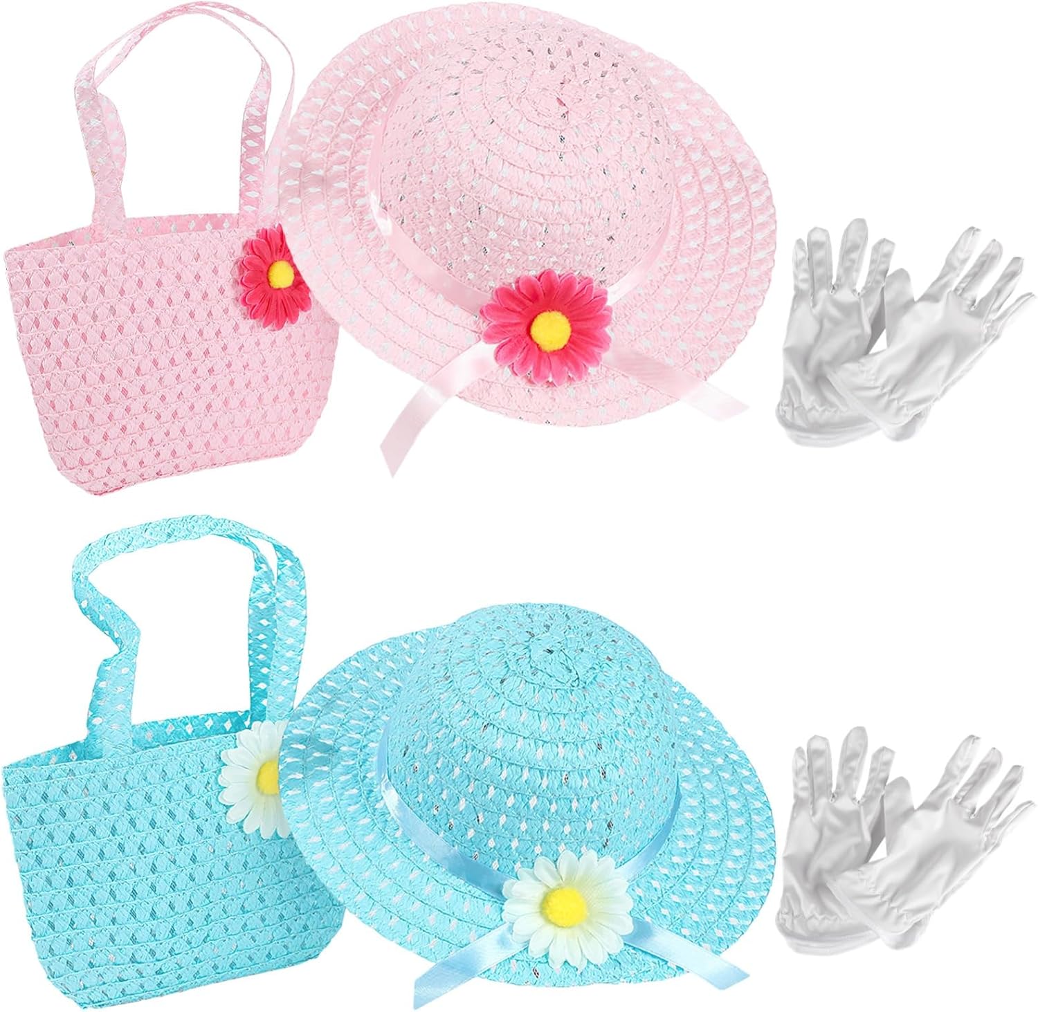 Two Sets Of Tea Party Hats Collection, Bonnets And Gloves For Kids, And Blue Woven Straw Accessories With Handbags, Beautiful Floral Design, Perfect For Tea Parties, Birthdays And More