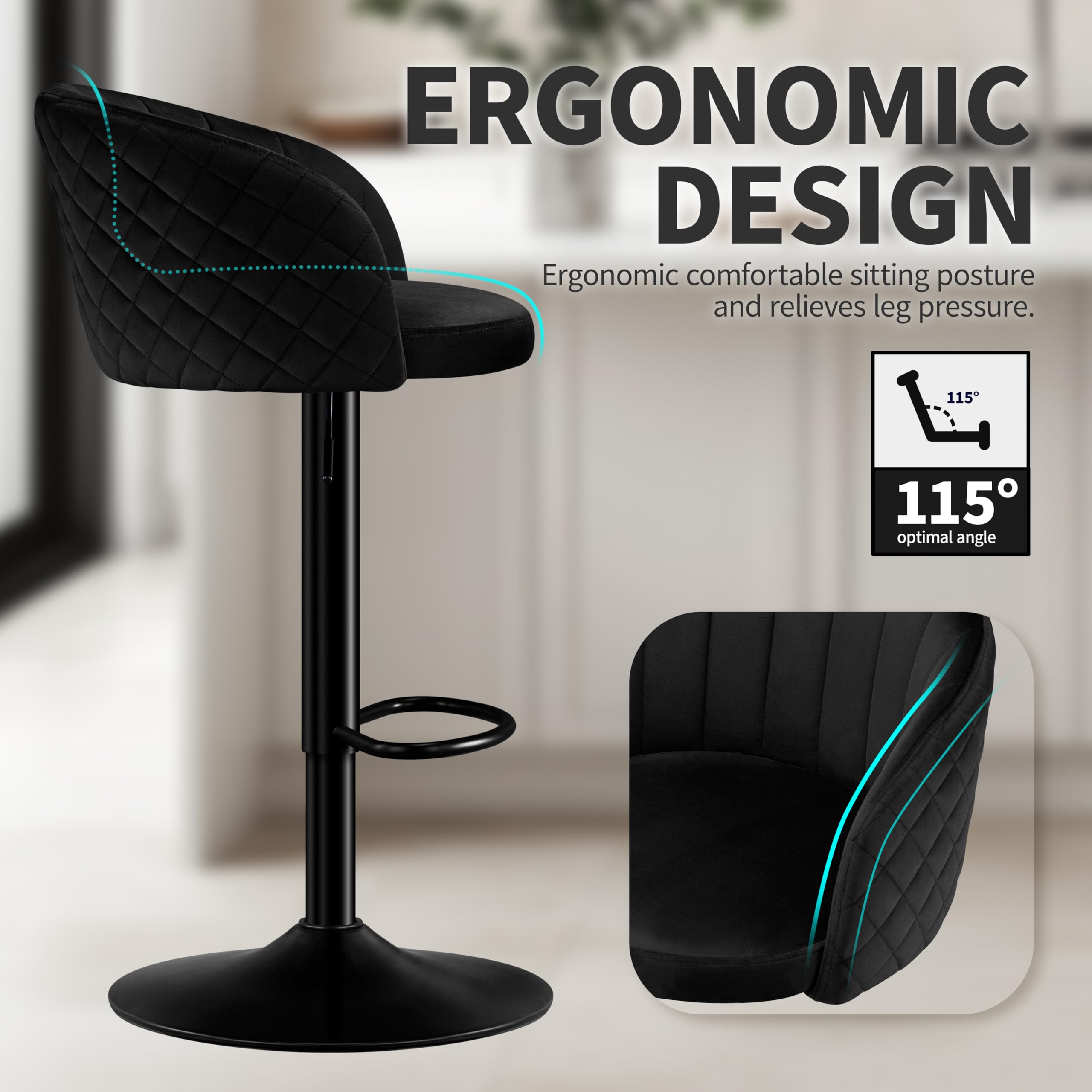 STOOLINK Taburete de Bar Juego de 2, Silla de Bar con Tela Terciopelo de Leche Altura Ajustable, Taburetes Cocina con Respaldo y Reposabrazos, Silla de Bar Rotación de 360°, Taburete Alto 150kg-Negro