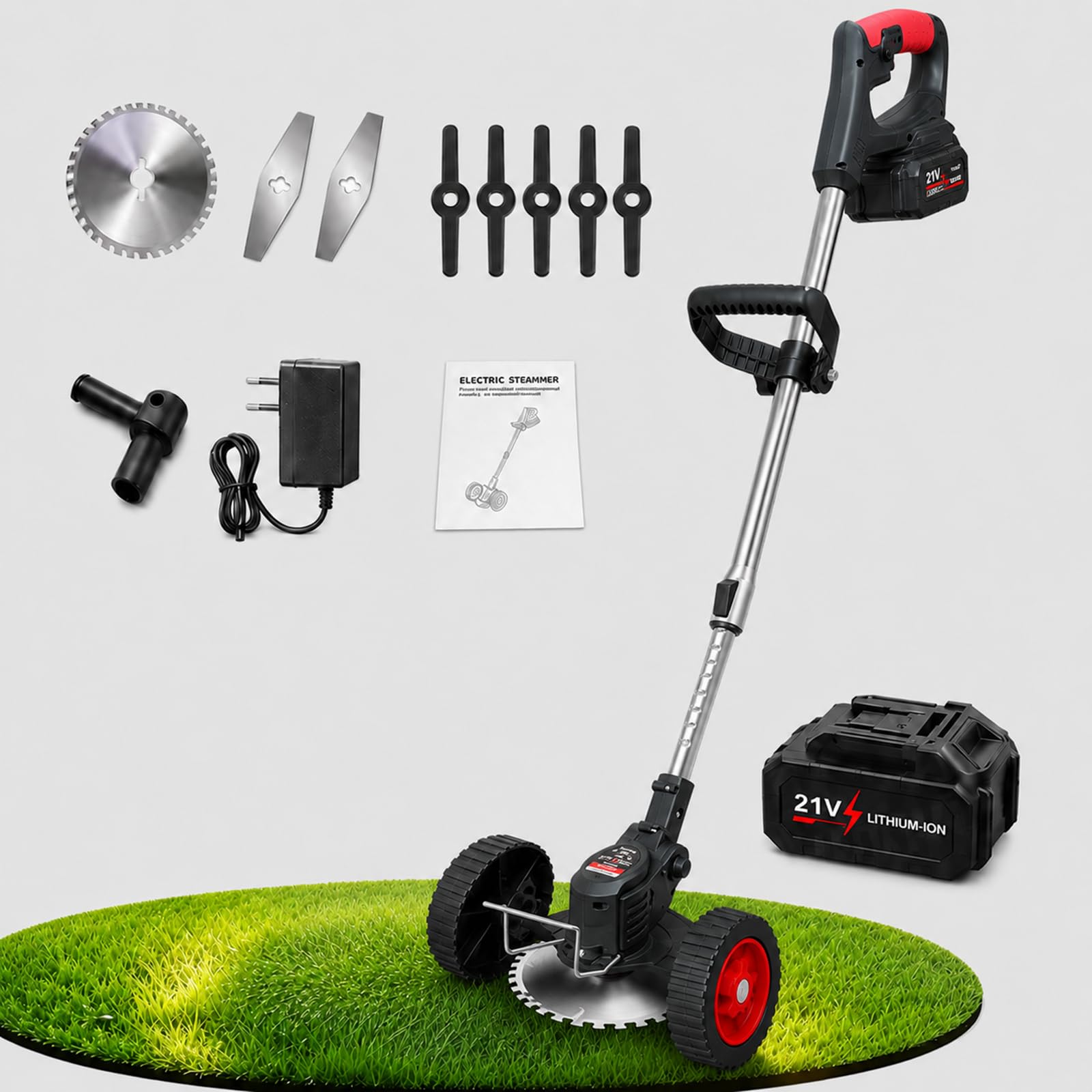 Desbrozadora 21 V, 8000 RPM, Cuchillas Intercambiables y Ruedas Black-15-CellBattery | Los accesorios reemplazables permiten pasar del perfilado del césped a maleza espesa o ramas pequeñas