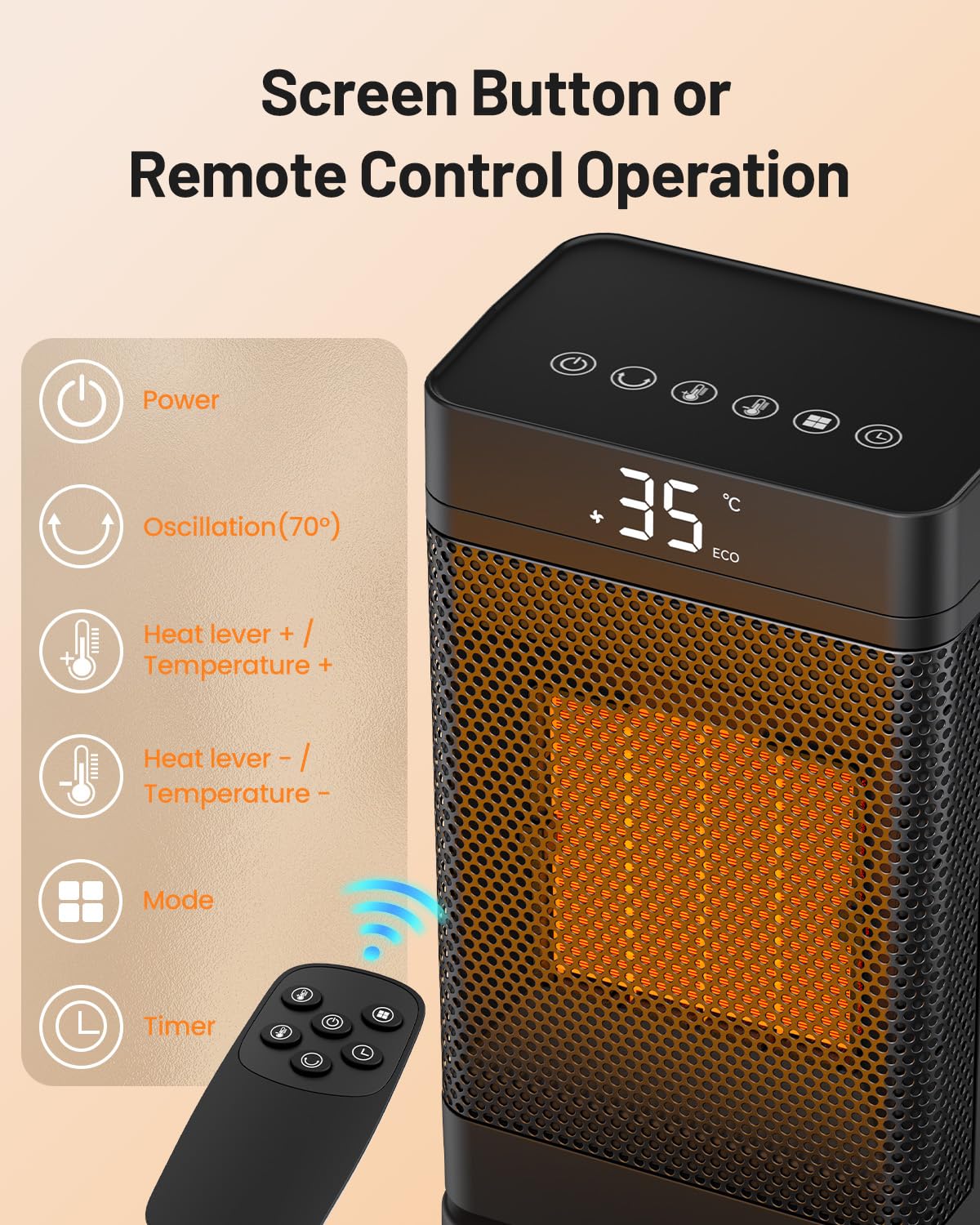 Termoventilatore 1500W Portatile, Riscaldamento Istantaneo 2s con Modalità ECO - Termoconvettore Silenzioso 35dB 3 Livelli, Telecomando 70° Oscillazione per Casa Ufficio Bagno (Nero)