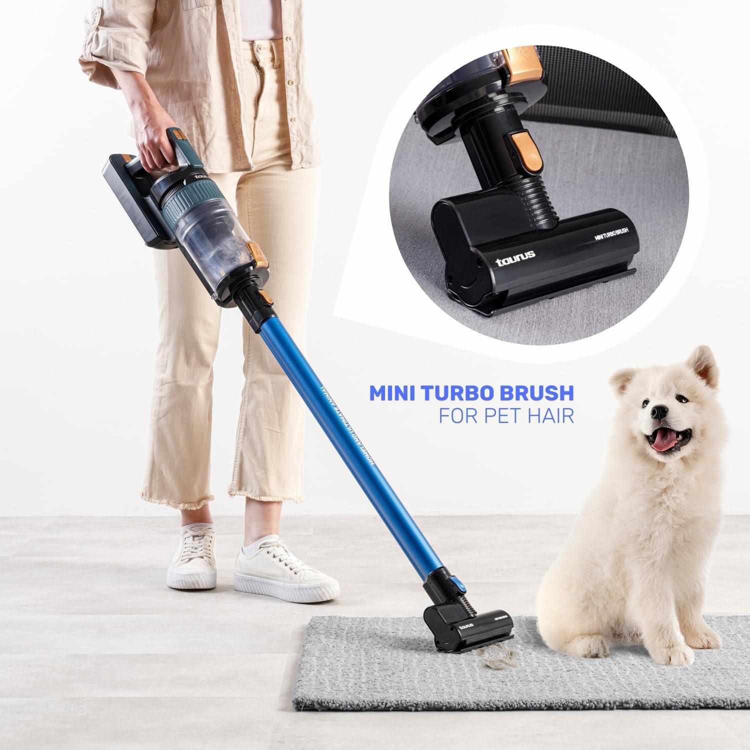 The Mini Turbo Brush accessory of the Taurus Homeland Ultimate Animal vacuum cleaner, specifically designed for effective pet hair removal from carpets and upholstery.
