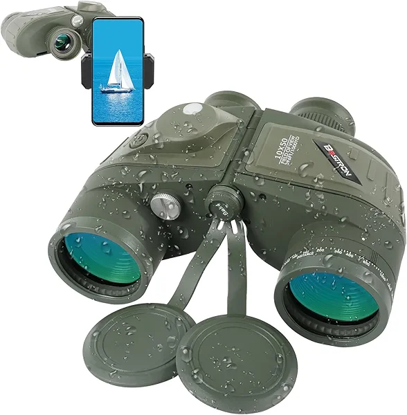 10X50 Binoculars with Compass and Rangefinder,Phone Adapter,Strap,BAK4 Prism FMC Lens,Shockproof IPX7 Waterproof Military Tacticle Binocular for Adults with Birdwatching Sailing Boating Hunting