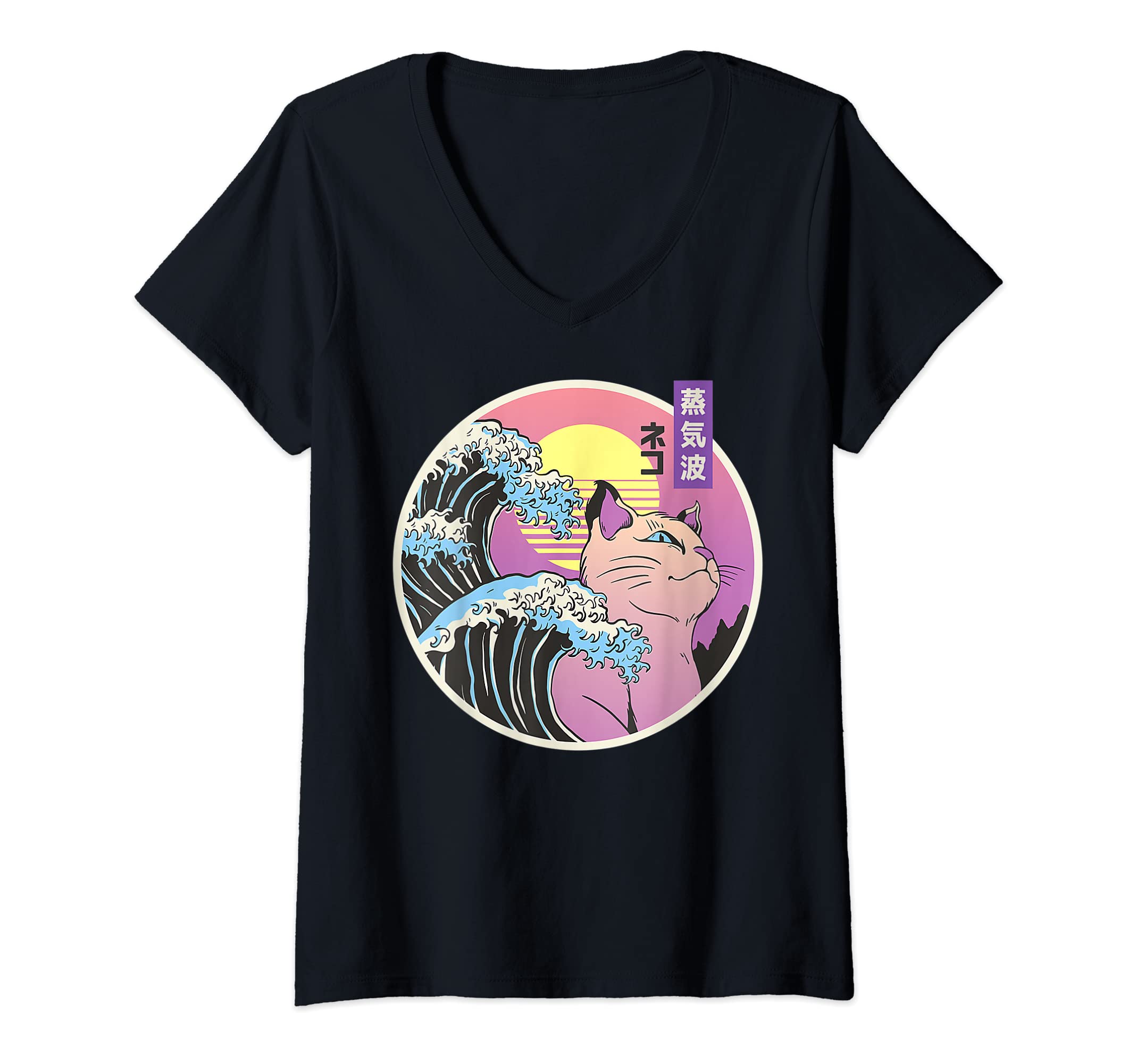 CATCaterpillar Womens Retro Great Wave Japanese Vaporwave Cat 90's Aesthetic Gift V-Neck T-Shirt