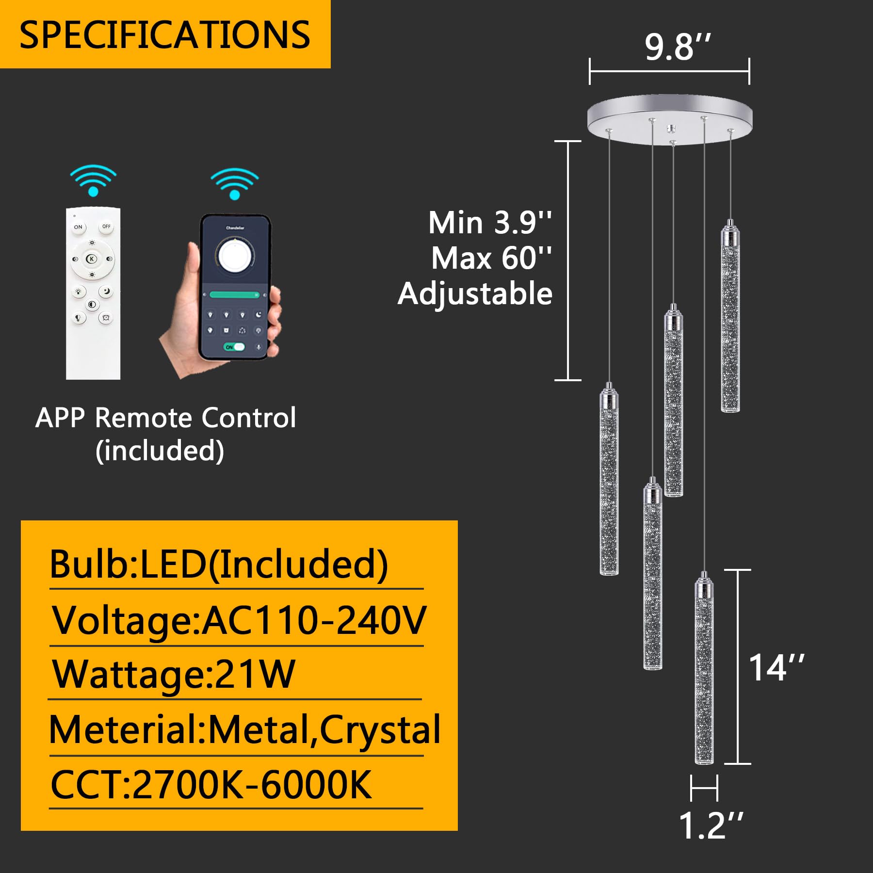 5-flammiger Mini-Kronleuchter, LED-Pendelleuchte für Kücheninsel, moderne Pendelleuchte aus Blasenkristall, verstellbare Pendelleuchte, verchromte Deckenleuchte für Esszimmer, Schlafzimmer, 2700 K, | Blasenkristall, Verstellbar, Verchromt, Für Kücheninsel