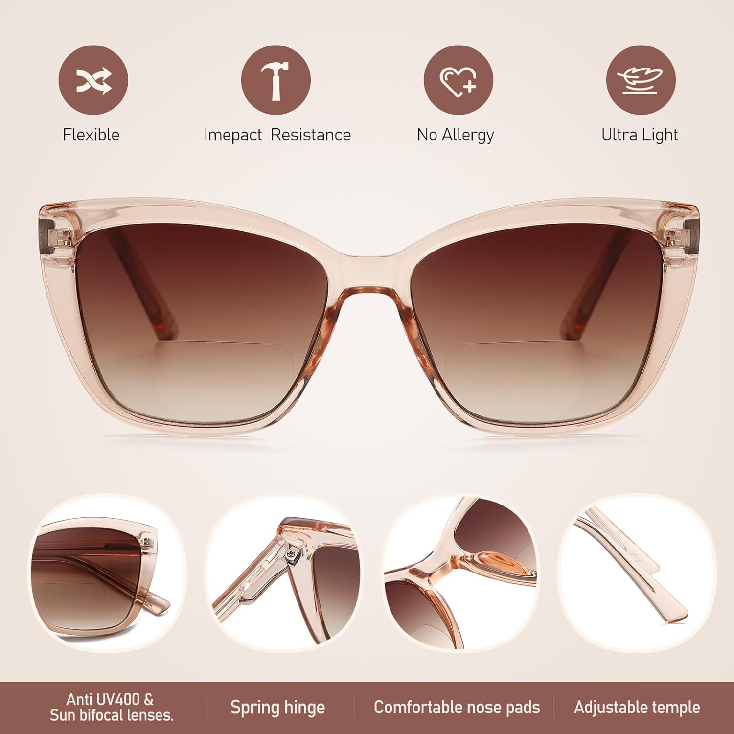 Bifocal Reading Sunglasses for Women Oversized Cat eye Fashion Sun Reader Spring Hinge Eyewear UV Protection PT2001C - Image 5