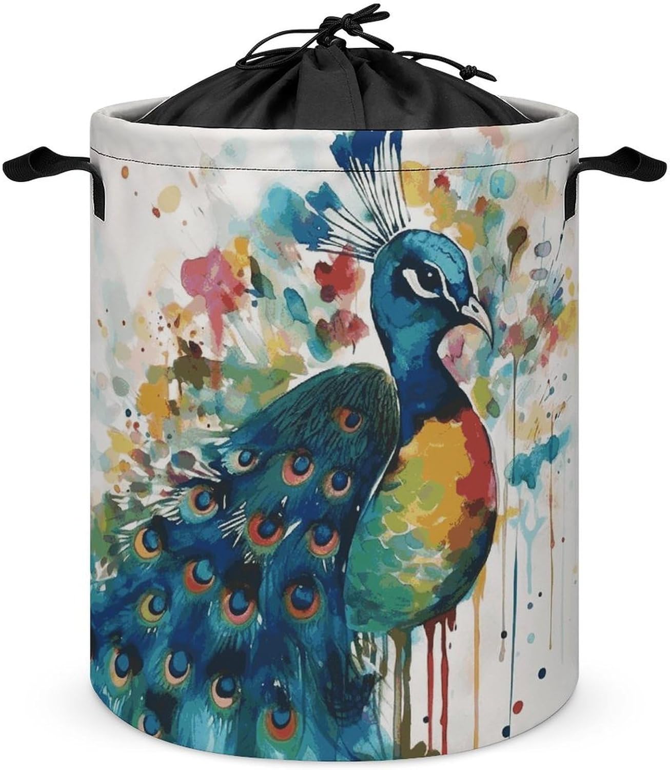 Watercolor Peacock Laundry Basket Collapsible Clothes Hamper with Reinforced Handles Large Capacity Waterproof Laundry Bag Freestanding Laundry Hamper for Bedroom Bathroom