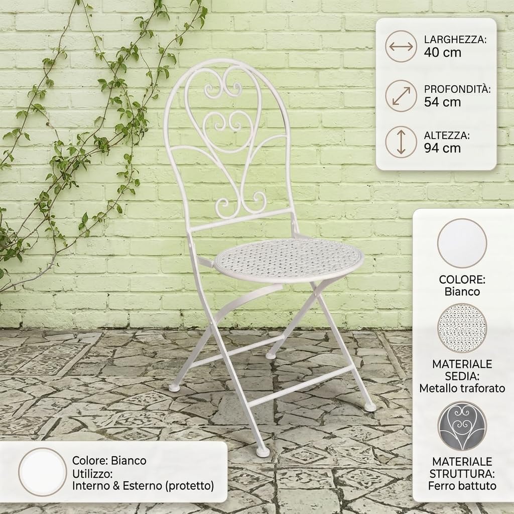DiKasa Sedia Pieghevole in metallo bianco stile shabby chic - Sedia in ferro battuto con seduta rotonda senza braccioli, salvaspazio per giardino, balcone, cucina, terrazza ed eventi, 40x54x94 cm