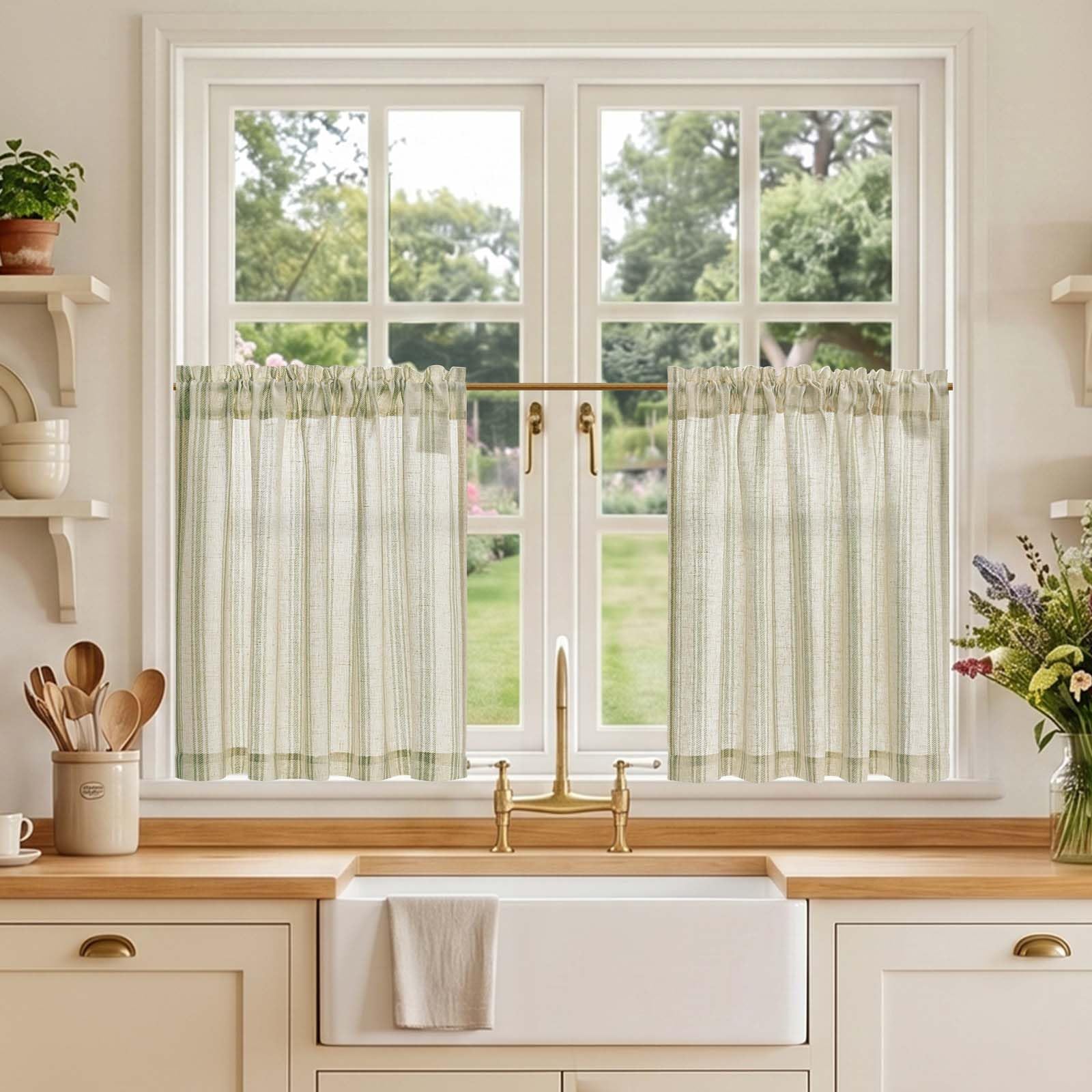 TOPICK Linen Look Kitchen Curtains, Cafe Curtains, W36 xL24 Green Striped