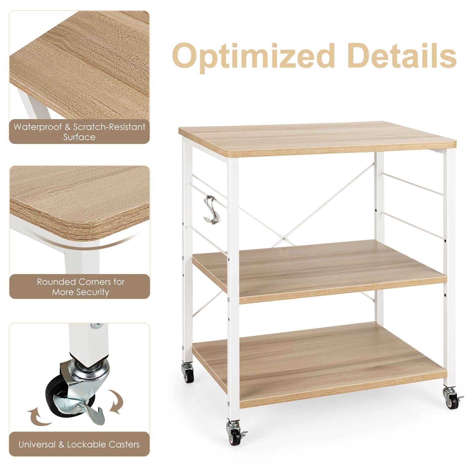 HOMASIS Carrello Porta Stampante a 3 Livelli in Legno, Carrellino con Ruote Portatutto con 10 Ganci, Struttura a X, Ripiani Regolabili 2 Ruote con Freni, Scaffale Multiuso per Ufficio (Beige)