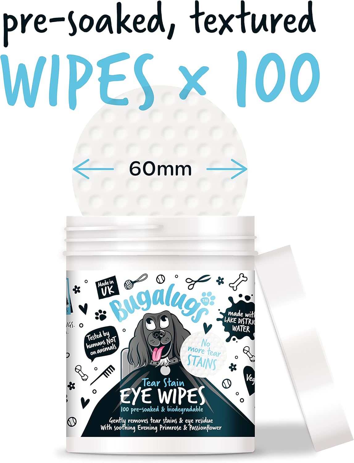 BUGALUGS Dog Eye Wipes 100 Biodegradable textured presoaked Dog Wipes. Safe & Easy Cleaning For