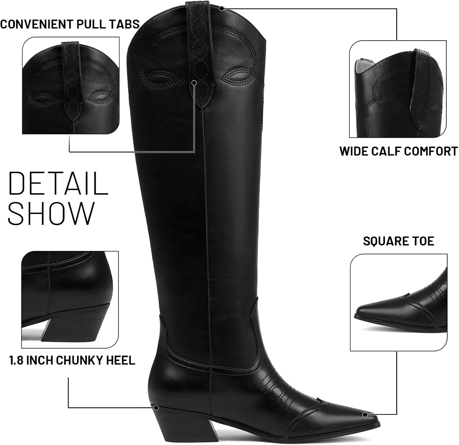 Cowboy Boots for Women Square Toe Fashion Knee High Boots Wide Calf Chunky Heel Slip On Cowgirl Boot Classic Retro Country Western Tall Boot