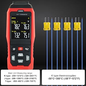 Thermocouple Thermometer Data Logger 4 Channels Digital K Type Thermometer, Real-Time Data Logging, Temperature Data Logger, 5000 Groups Record, Audible/Visual Alarms, Wide Range -328~2501°F