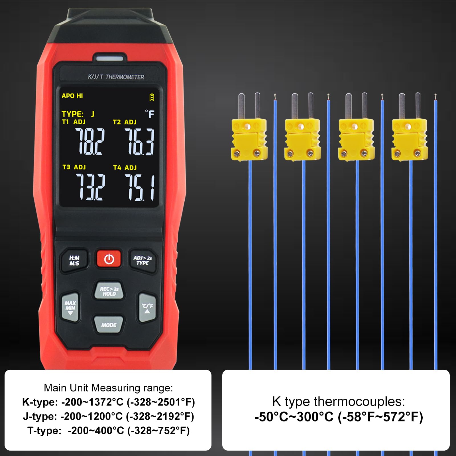 Registratore Dati Termometro a Termocoppia 4 Canali Tipo K, -328~2501°F, Allarmi Acustici Visivi