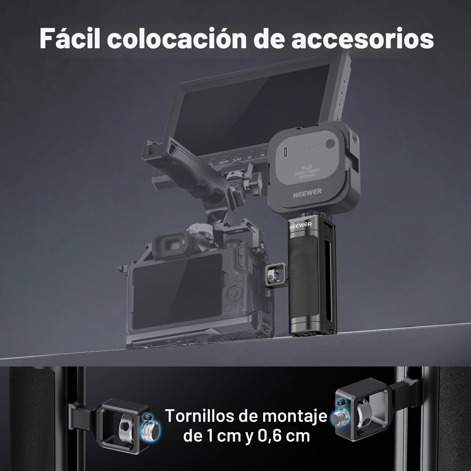 NEEWER Empuñadura Lateral para Jaula de Cámara, Empuñadura Lateral Ligera de ABS + PC con Silicona, Tornillos de 3/8" y 1/4", Pin de Localización, Brazo Ajustable Verticalmente, Zapata Fría, CA069H