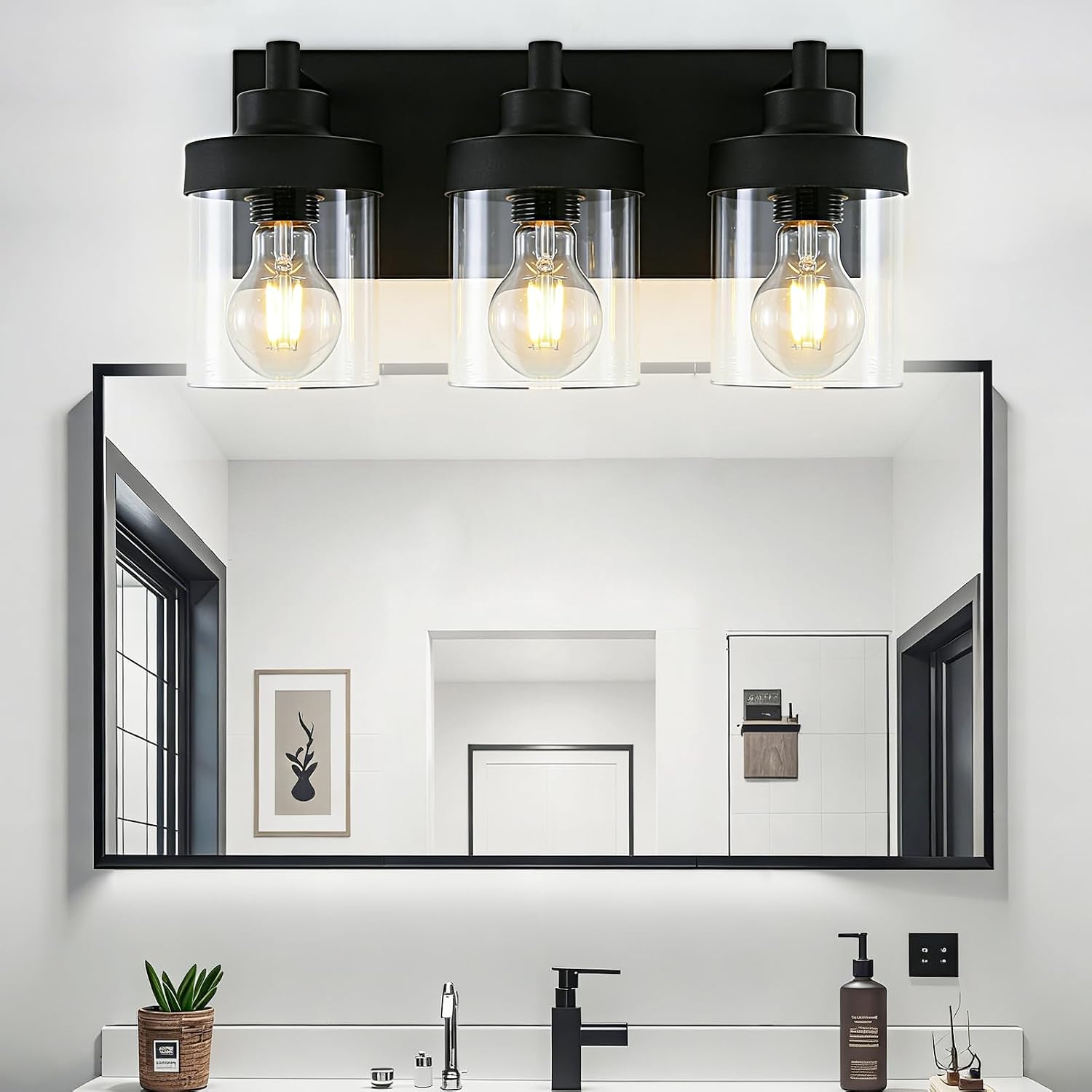 Modern 3 Light Bathroom Vanity Light, Black Bathroom Vanity Light Fixture Over Mirror with Clear Glass Shade,Vanity Lights for Bathroom, Mirror, Hallway,Cabinet,Kitchen