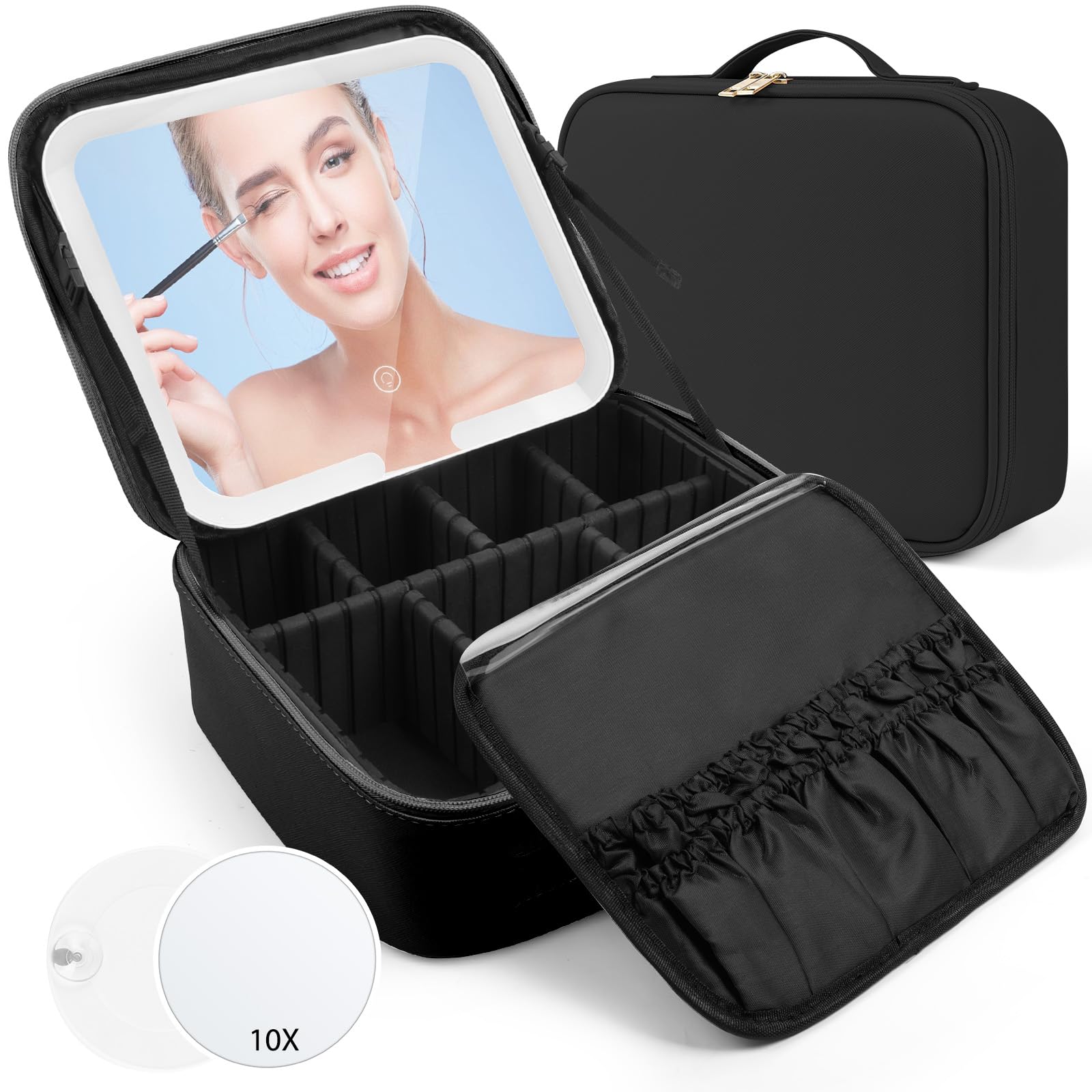 OSDUE Estuches de Maquillaje con Espejo Iluminado, PU Impermeable Maquillaje, Recargable Espejo LED (3 Colores y Regulación Continua) Profesional Neceseres de Viaje, EVA Compartimentos Ajustables Nero
