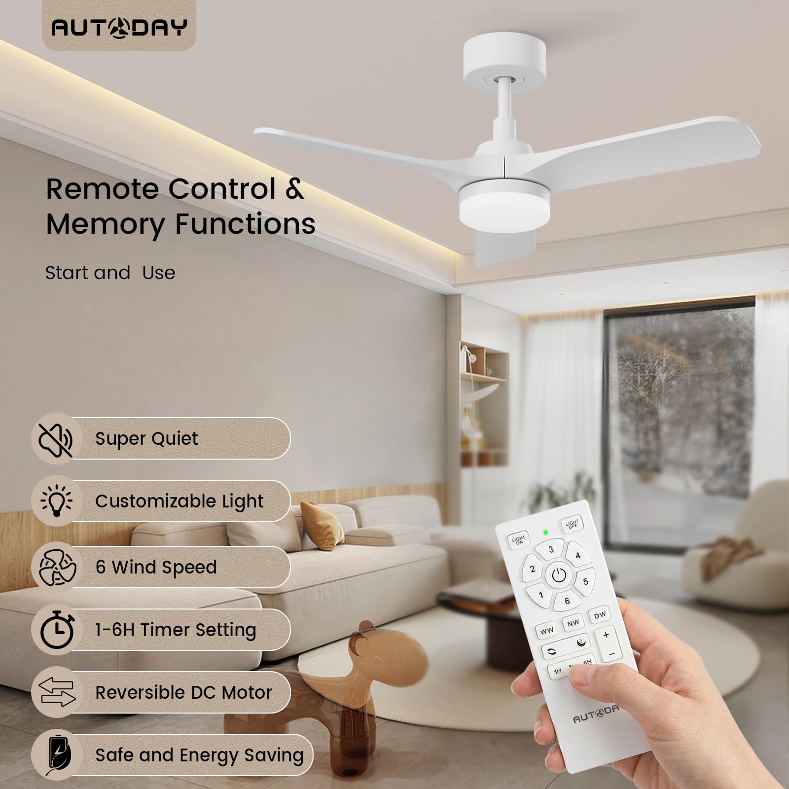 Ventilateur De Plafond En Bois Avec Lumière Led, Moteur Dc Silencieux, 24W Dimmable, 90Cm, 3 Pales En Bois, Télécommande Mémoire, 6 Vitesses, Minuterie, Extérieur
