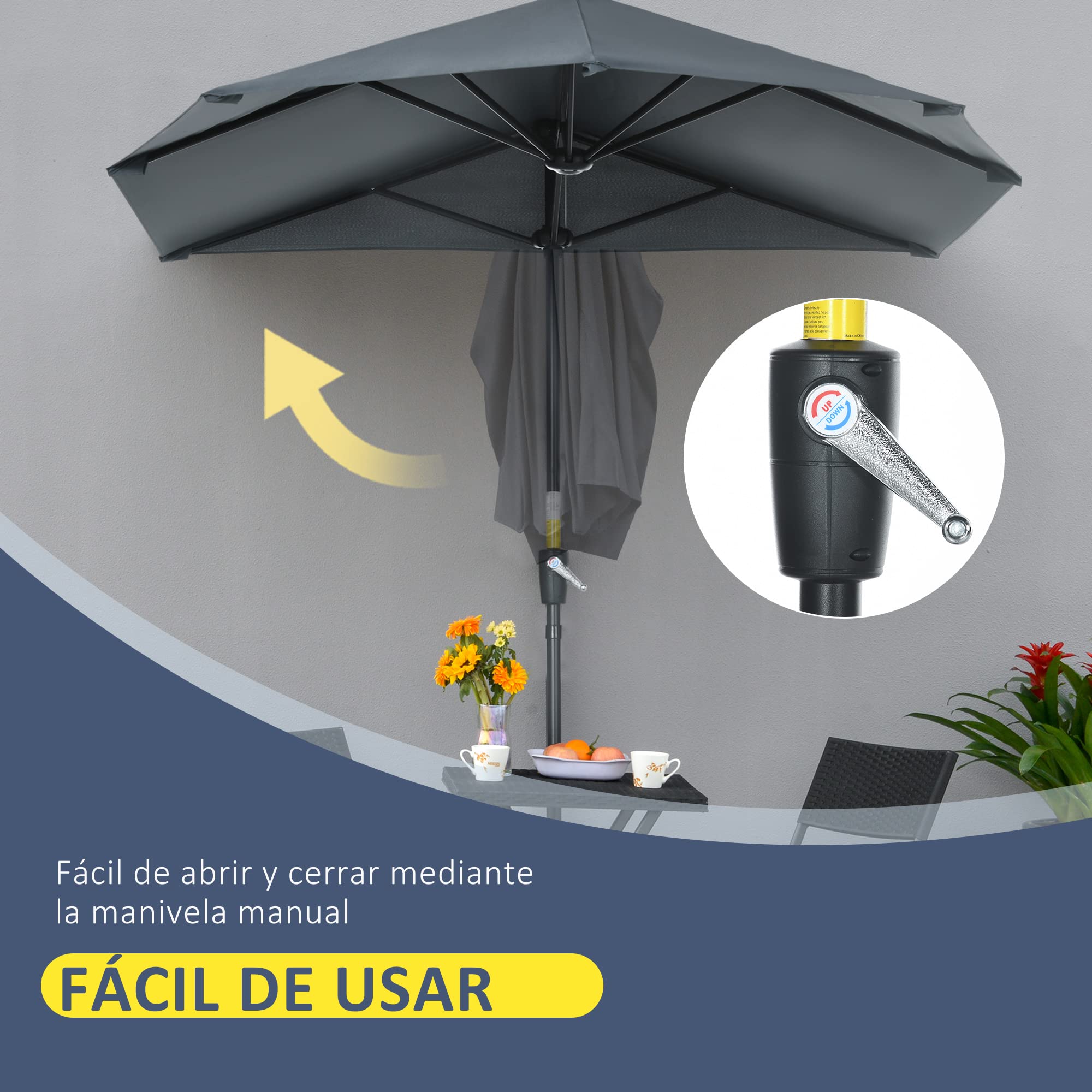 Outsunny Sombrilla de Pared Jardín con Manivela 200x190x240 cm | Parasol de Terraza, Poste de Acero, Base Cruzada, Anti-UV, para Terraza Balcón