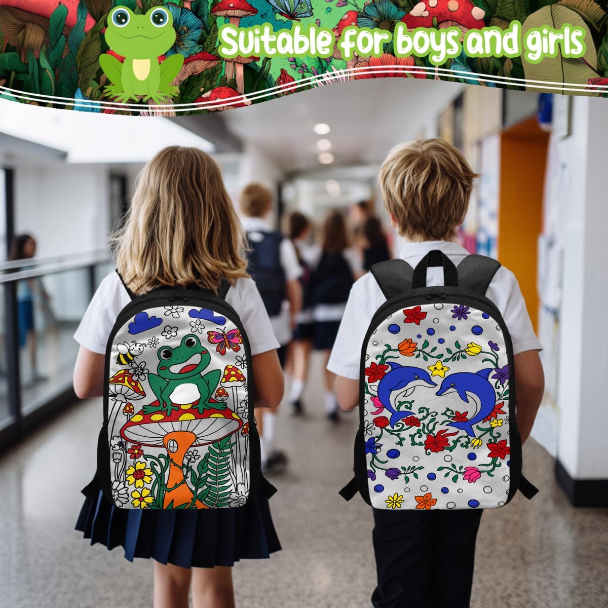 Cute School Backpack for Girls Coloring Mushroom Bag Color Your Own Bag for Elementary Bookbag Daypack