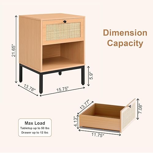 Miniatura 3 de XIAO WEI Juego de 2 mesitas de noche de ratán natural, mesita de noche bohemia con cajón y estante abierto, mesa auxiliar de caña decorativa para