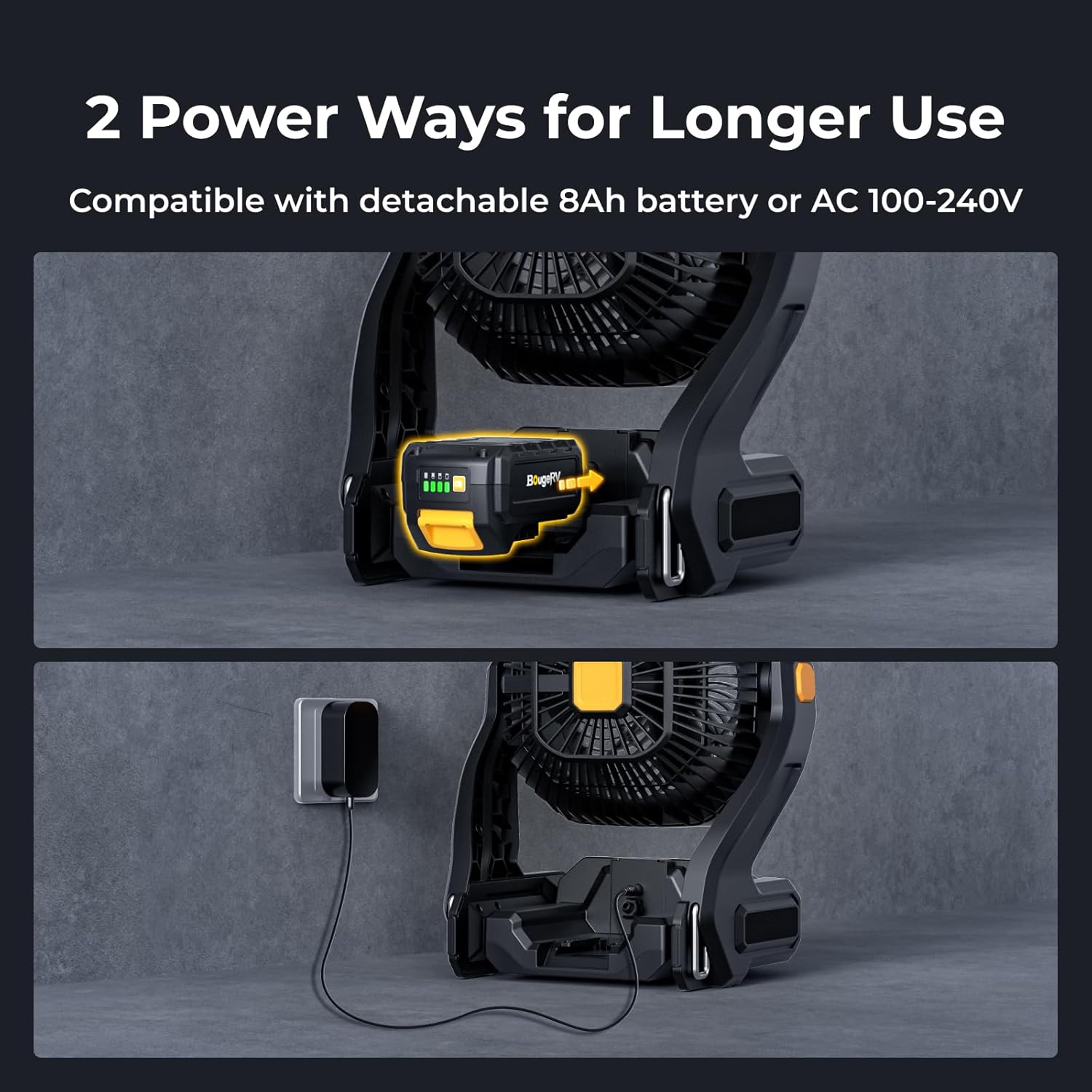 BougeRV Battery Powered Fan Portable 755 CFM Desk Fan with 8A 144Wh Removable Battery, Metal Hooks, AC/DC Supply, USB Port, Light, 210° Tilt for Jobsite, Workshop, Camping, RV, Power Outage, Home