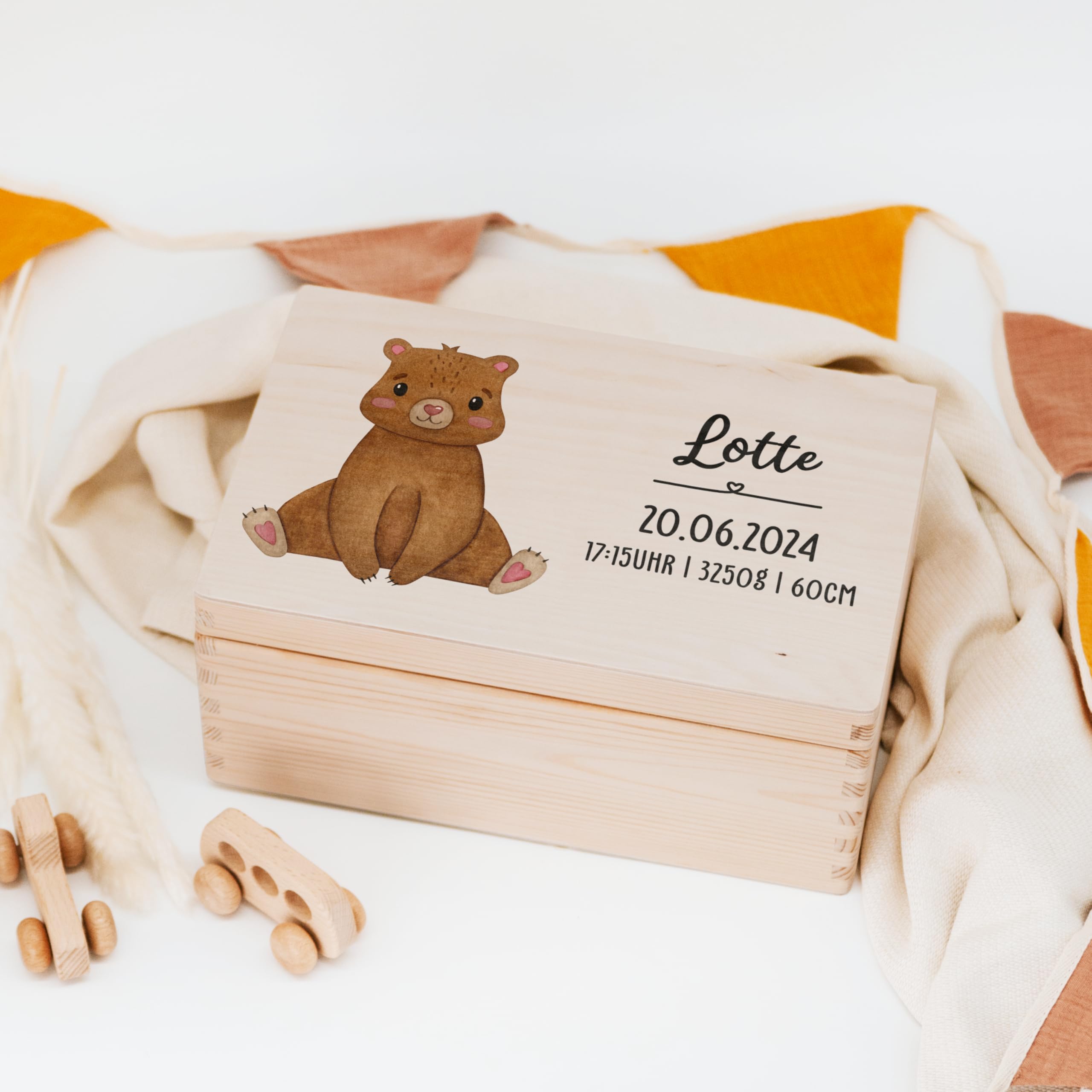 Lilletå ® Erinnerungsbox Tiermotiv ganz (001.01) - Erinnerungskiste Baby mit Hochwertigem Farbdruck - Baby Kind Erinnerungsbox Holz - Geschenk Geburt Mädchen Junge
