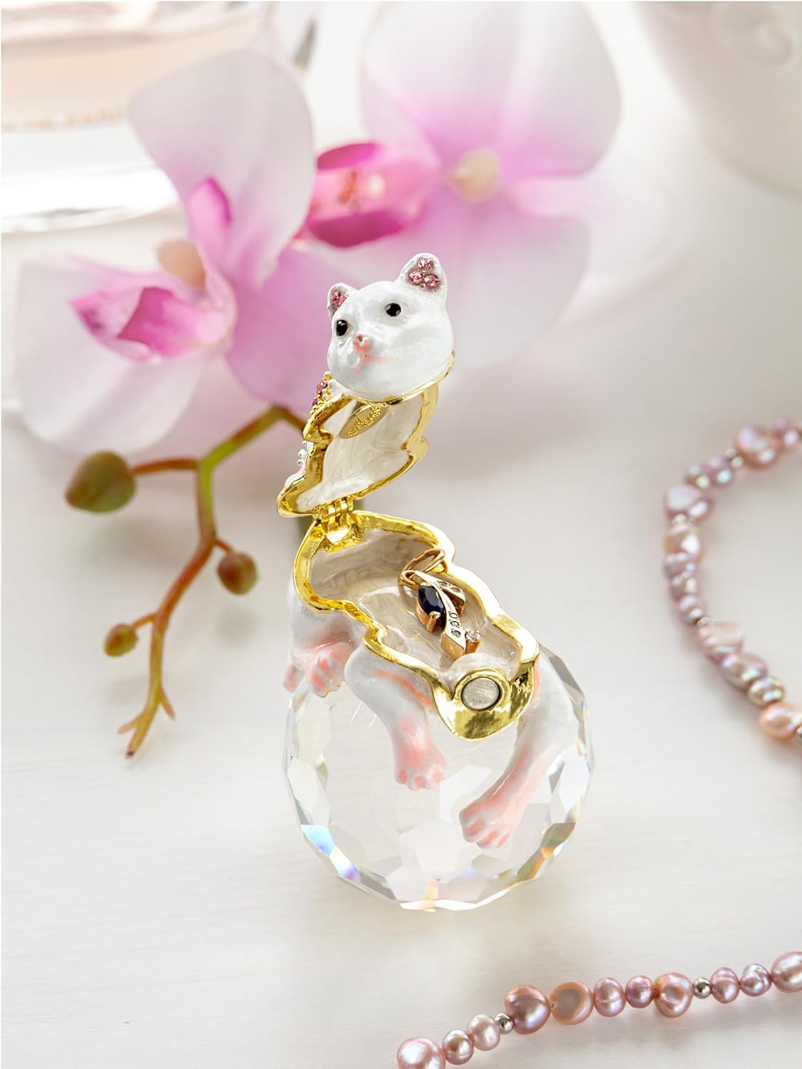 Keren Kopal White Cat on Crystal Trinket Box Decorated with Crystals Handcrafted